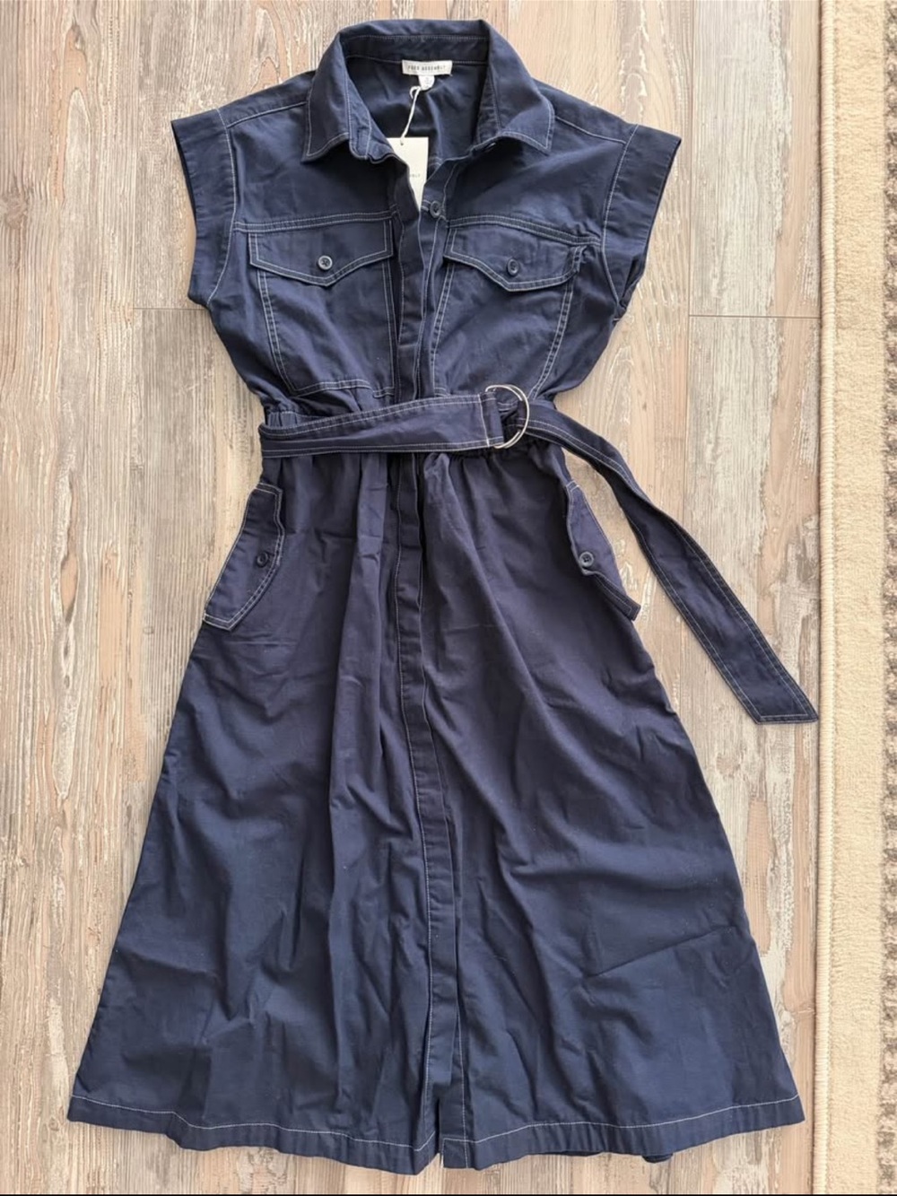 Sleeveless Navy Belted Shirt Midi Dress